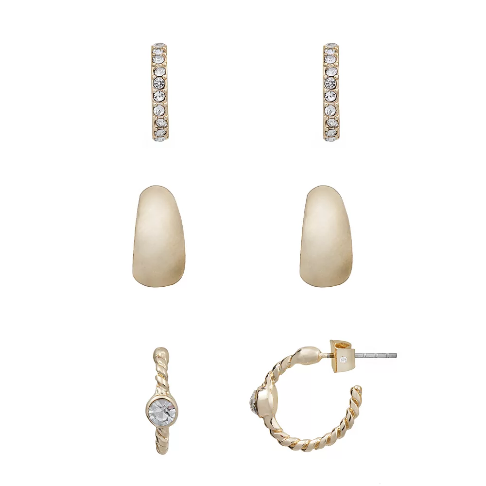 LC Lauren Conrad Gold Tone Simulated Crystal Pave Hoop Earring Trio