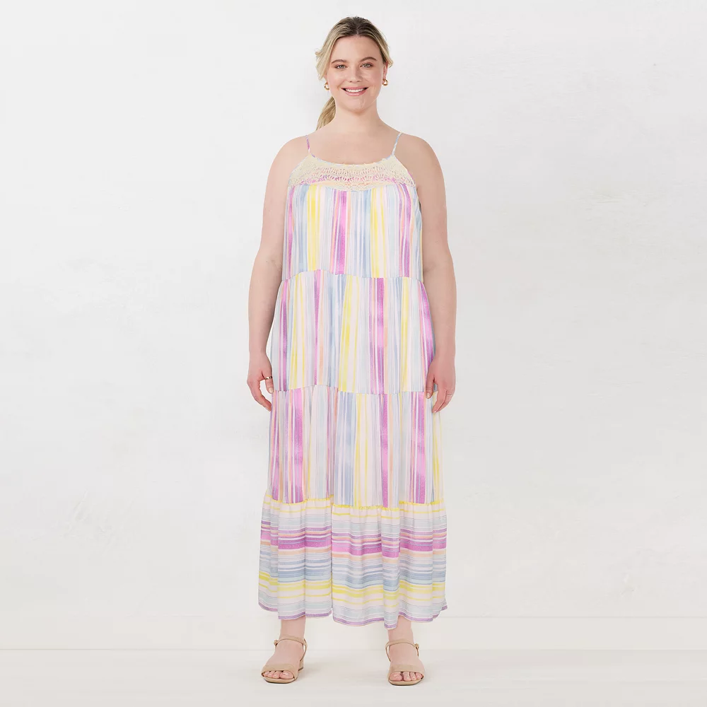 Plus Size LC Lauren Conrad Crochet-Yoke Tiered Maxi Dress