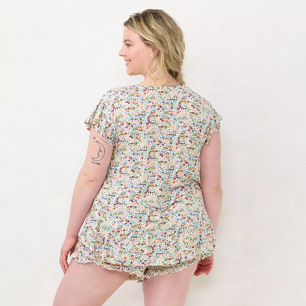 Plus Size LC Lauren Conrad Flutter Short Sleeve Pajama Top & Ruffle Pajama Shorts Sleep Set - Image 4