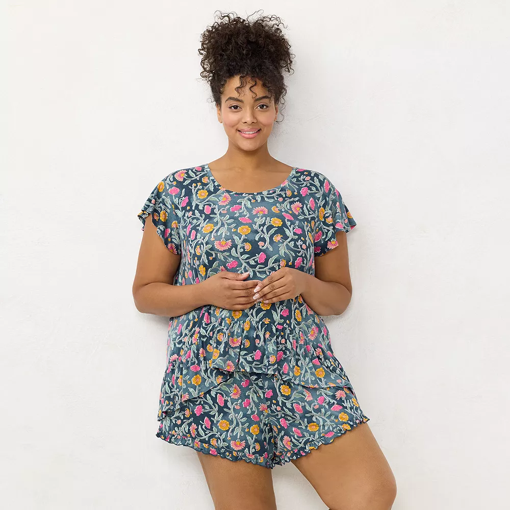 Plus Size LC Lauren Conrad Flutter Short Sleeve Pajama Top & Ruffle Pajama Shorts Sleep Set - Image 2