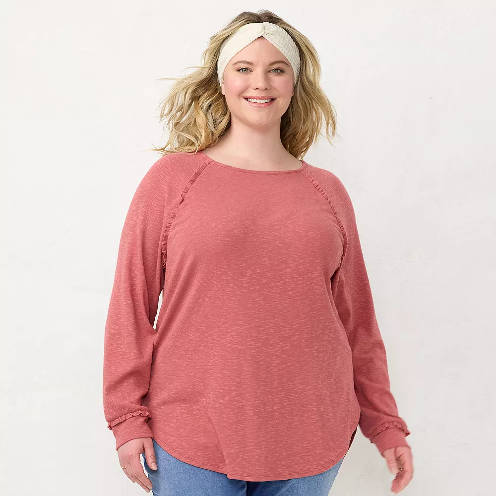 Plus Size LC Lauren Conrad Three Quarter Sleeve Raglan Ruffle Tunic - Image 2