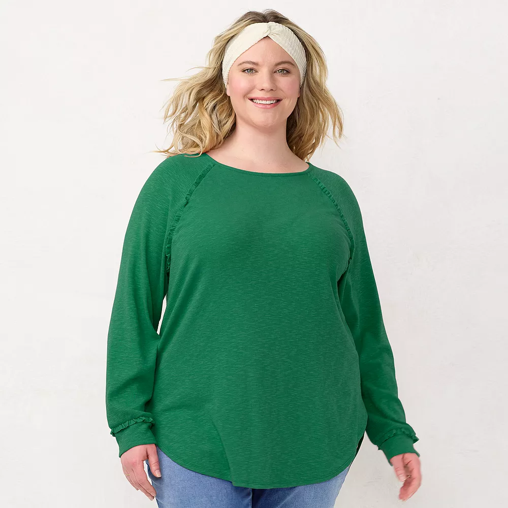 Plus Size LC Lauren Conrad Three Quarter Sleeve Raglan Ruffle Tunic