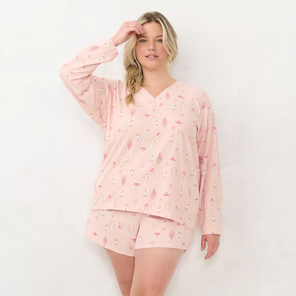 Plus Size LC Lauren Conrad Long Sleeve Henley Pajama Top & Pajama Shorts Sleep Set - Image 2