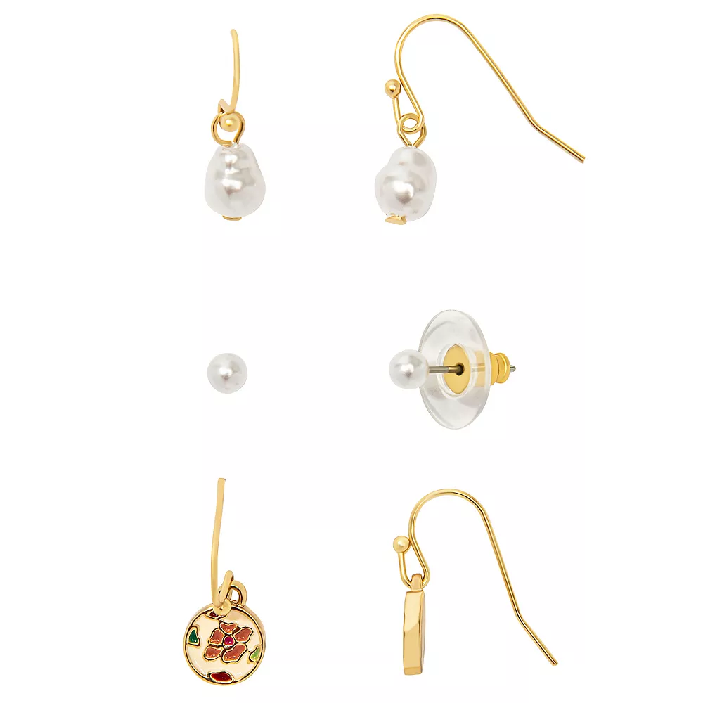 LC Lauren Conrad 3 Pack Organic Pearl Floral Enamel Hoop Earring Set