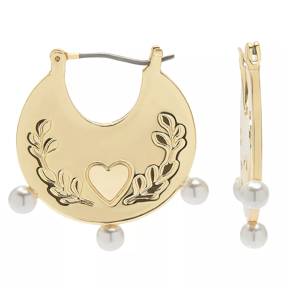 LC Lauren Conrad Engraved Heart & Vines With Organic Pearls Hoop Earrings