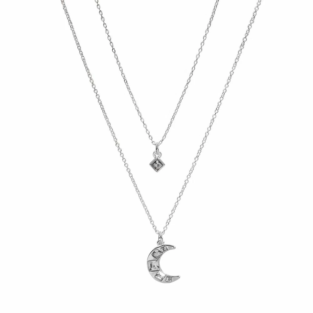 LC Lauren Conrad Silver Tone Two Row Simulated Crystal Moon Nickel Free Pendant Necklace