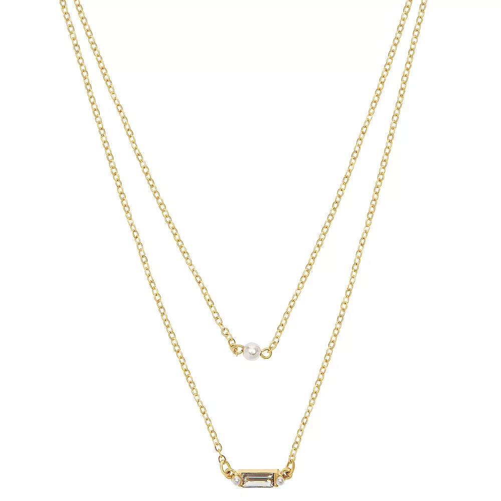 LC Lauren Conrad Gold Tone 2 Row Clear Baguette and Simulated Pearl Necklace