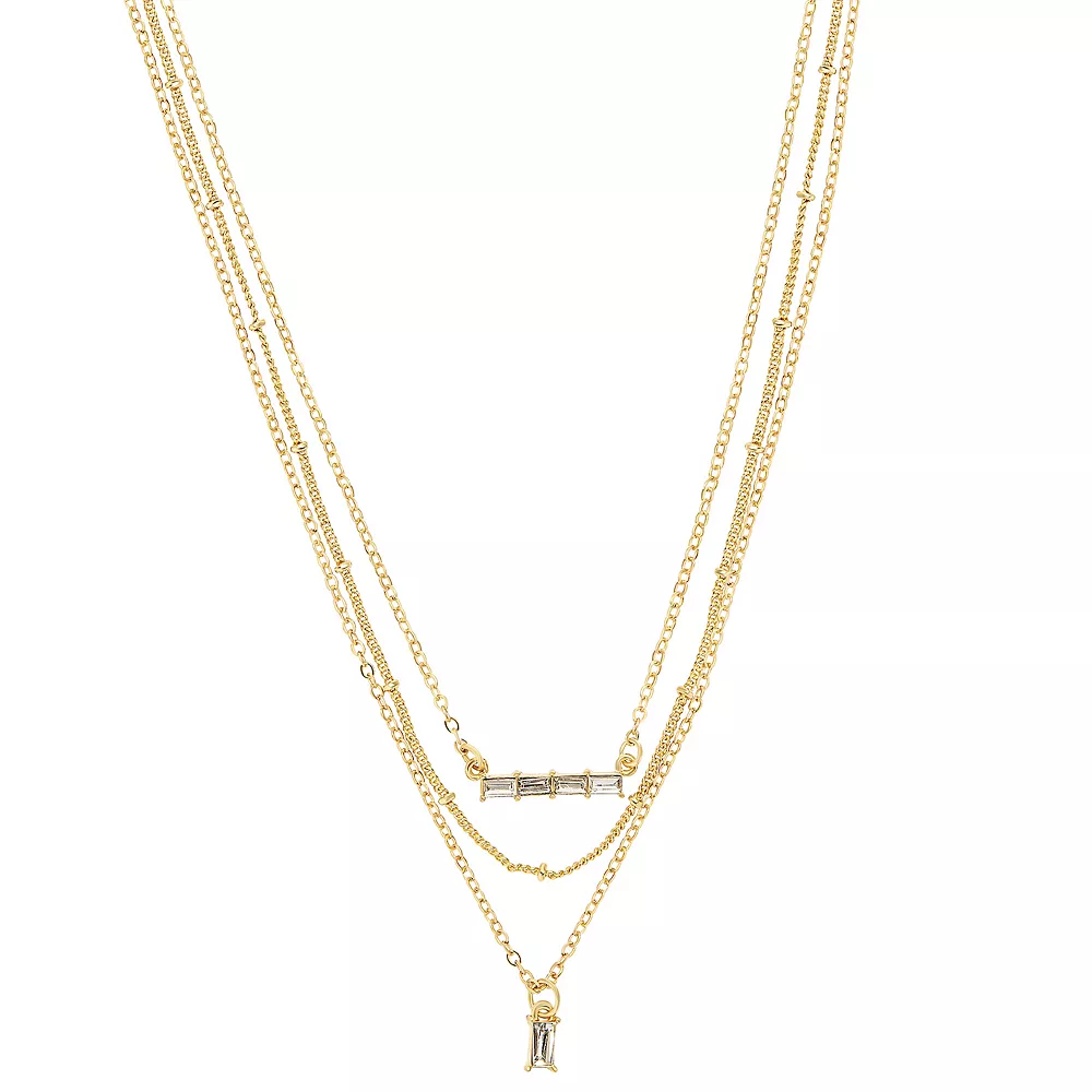 LC Lauren Conrad Gold Tone 3 Row Clear Baguettes and Simulated Pearl Bar and Pendant Necklace