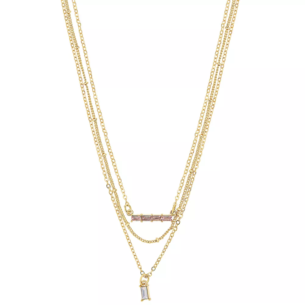 LC Lauren Conrad Gold Tone 3 Row Pink Baguettes Bar and Pendant Necklace