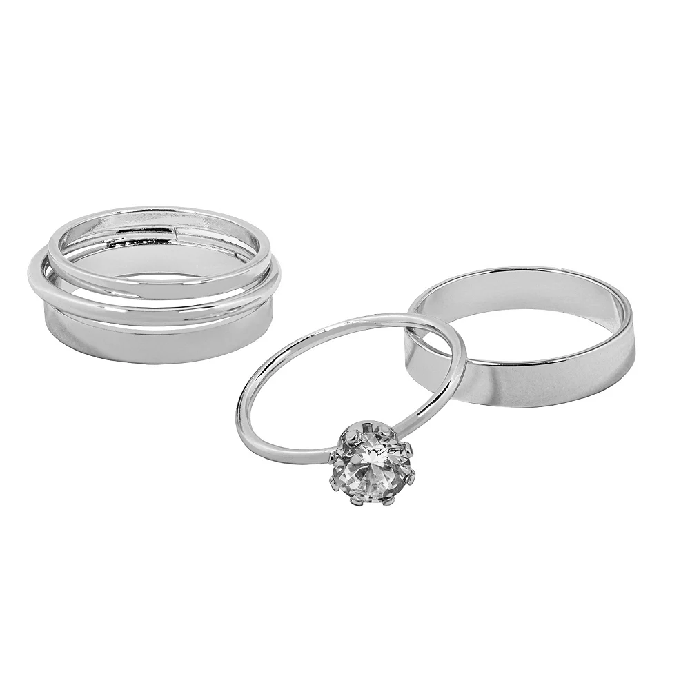 LC Lauren Conrad Silver Tone Simulated Crystal Thick Bands Nickel Free Ring Set