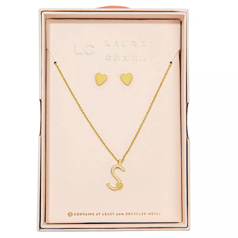 LC Lauren Conrad Gold Tone Valentines Day Enamel Initial Necklace and Heart Stud Earring Set - Image 9