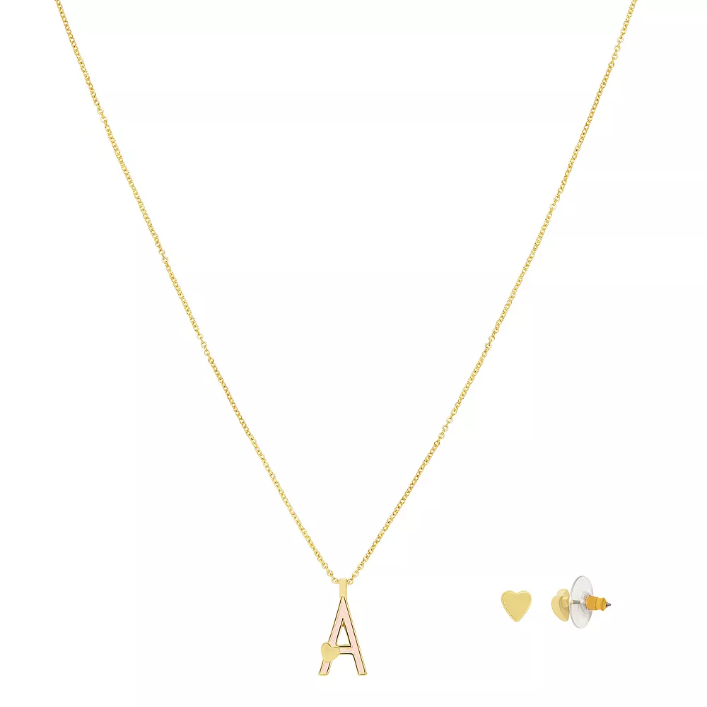 LC Lauren Conrad Gold Tone Valentines Day Enamel Initial Necklace and Heart Stud Earring Set
