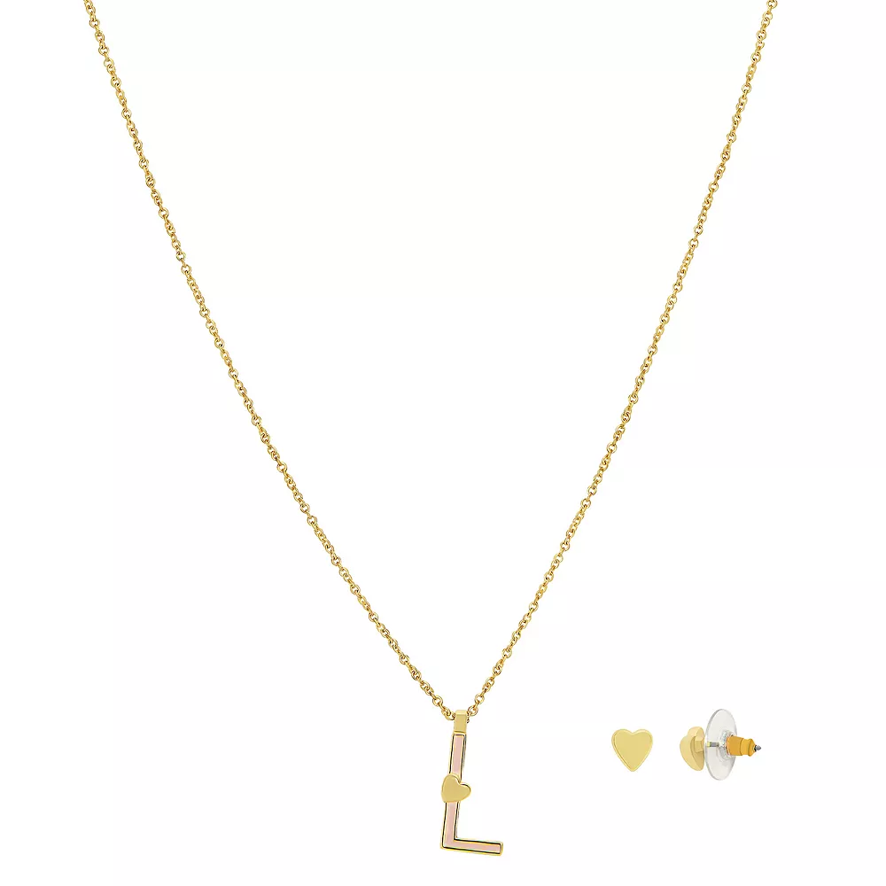 LC Lauren Conrad Gold Tone Valentines Day Enamel Initial Necklace and Heart Stud Earring Set - Image 3