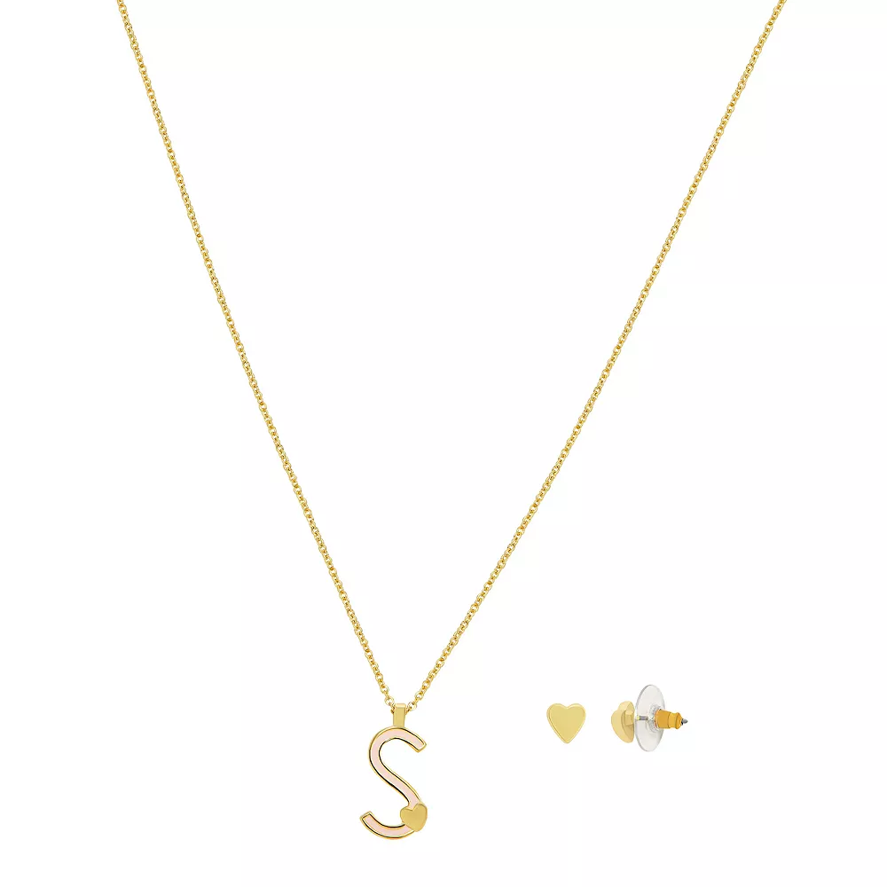LC Lauren Conrad Gold Tone Valentines Day Enamel Initial Necklace and Heart Stud Earring Set - Image 6