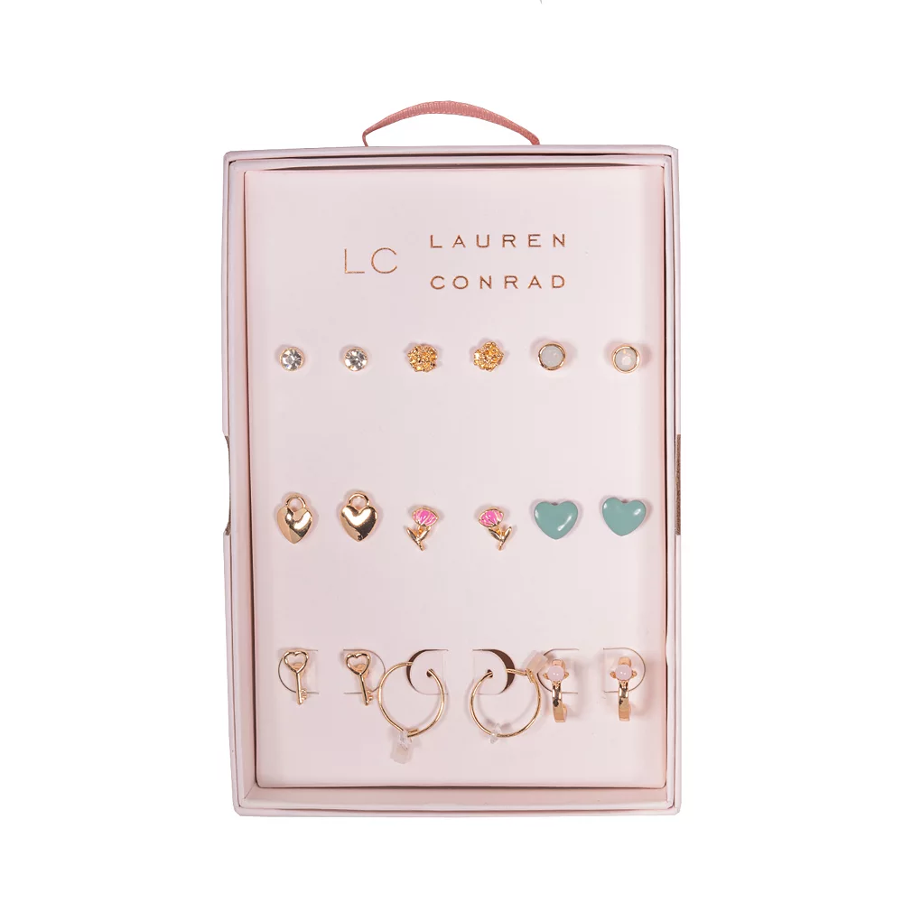 LC Lauren Conrad Gold Tone Hearts and Flowers Whimsy Nickel Free Earring Set
