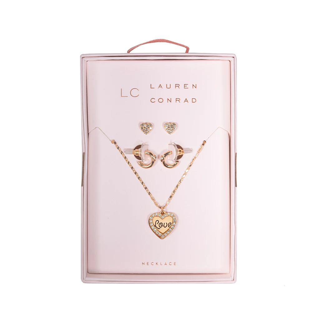 LC Lauren Conrad Gold Tone Heart Charm Nickel Free Earring and Necklace Set