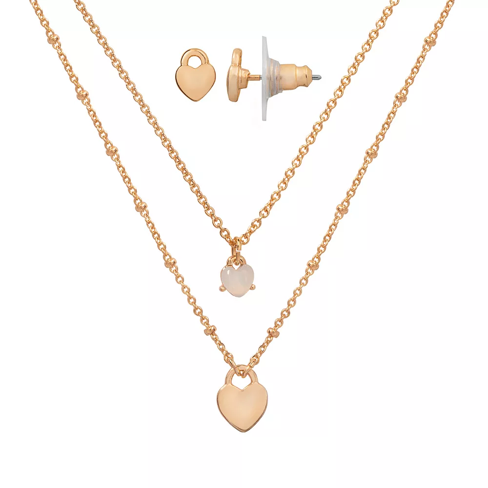 LC Lauren Conrad Gold Tone Multilayer Nickel Free Heart Necklace and Earring Set - Image 2