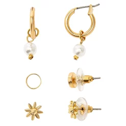 LC Lauren Conrad Gold Tone Flower and Simulated Pearl Stud and Hoop Earring Set