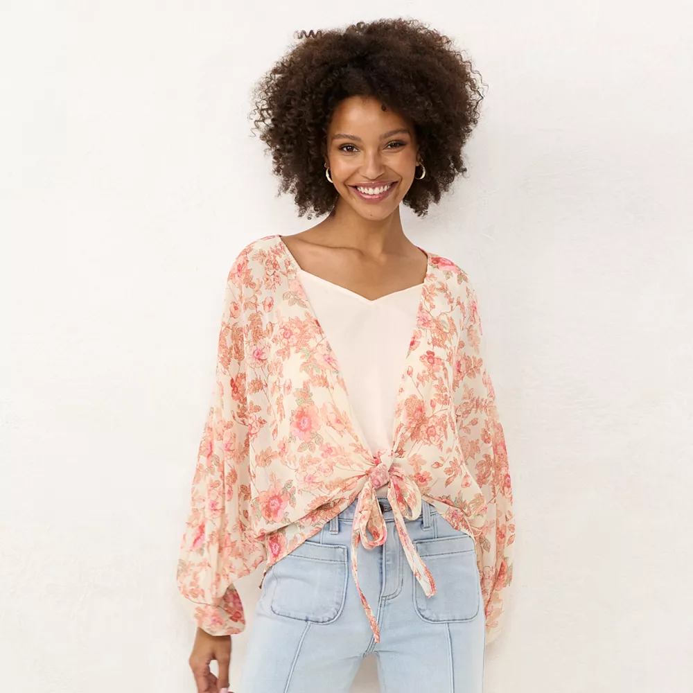 Women's LC Lauren Conrad Tie Front Balloon Sleeve Floral Cardigan